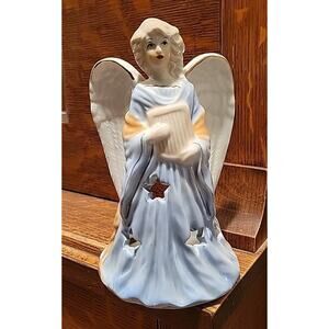 Vintage Angel Tea Light Candle Holder Harp Blue Stars Gold Trim 7" Porcelain